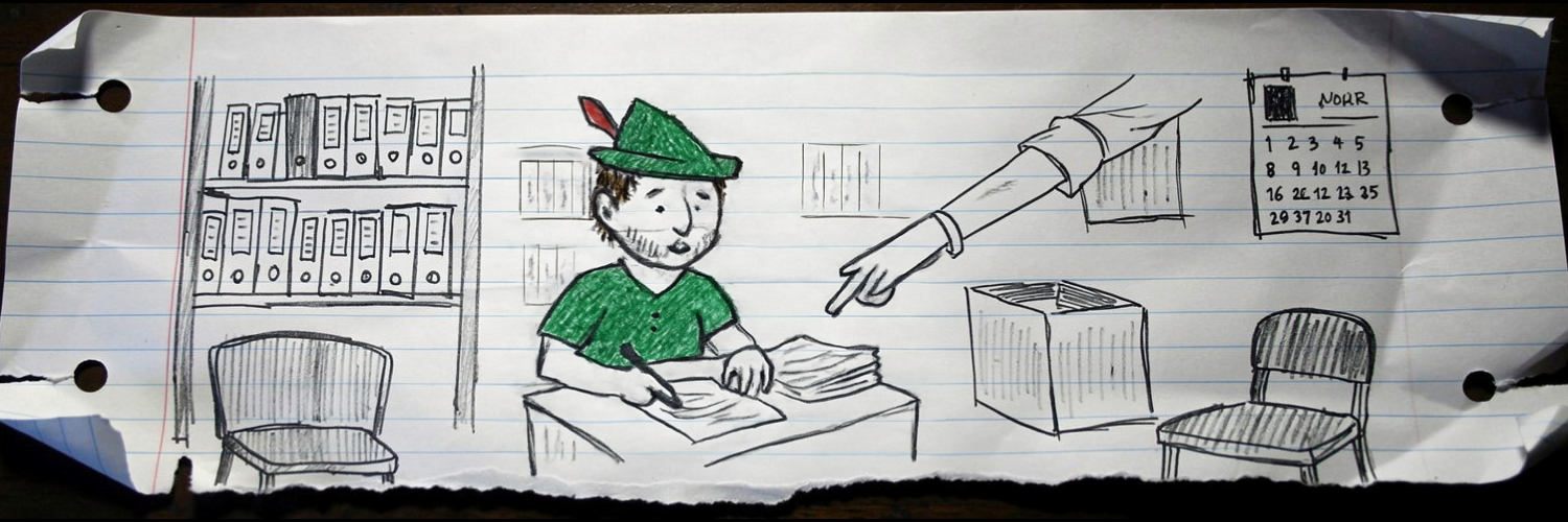 Doodle of Robin of Locksley in his green tunic and feathered hood signing a lease at a desk while an agent's hand points at a clause in the papers